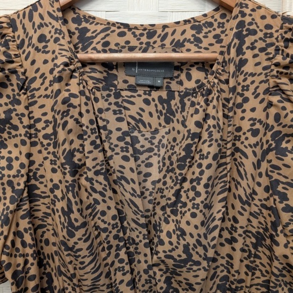 By Anthropologie Leopard Print Smocked Waist Tiered Ruffle Mini Dress Brown Sz M - Picture 4 of 14